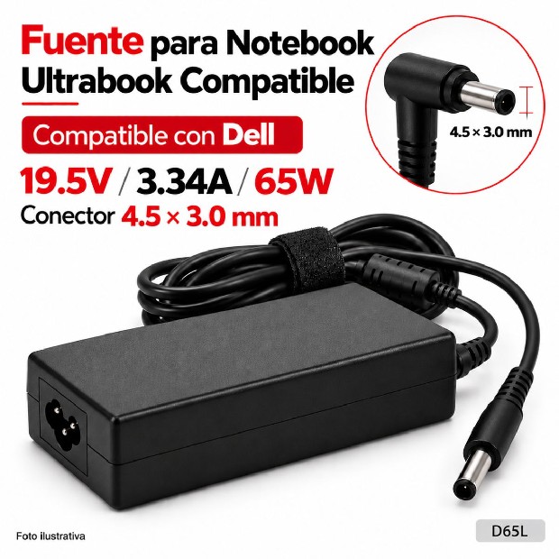 &ua FUENTE NOTEBOOK DELL ULTRABOOK 19.5V/3.34A/65W 4.5*3.0MM (D65L)